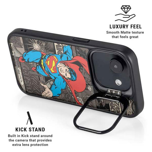 DC Comics Superman Vintage Action pose pattern iPhone 16e Kickstand Case