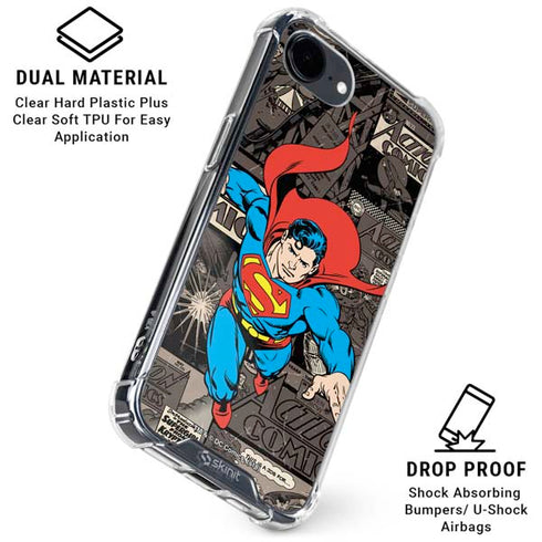 DC Comics Superman Vintage Action pose pattern iPhone 16e Clear Case