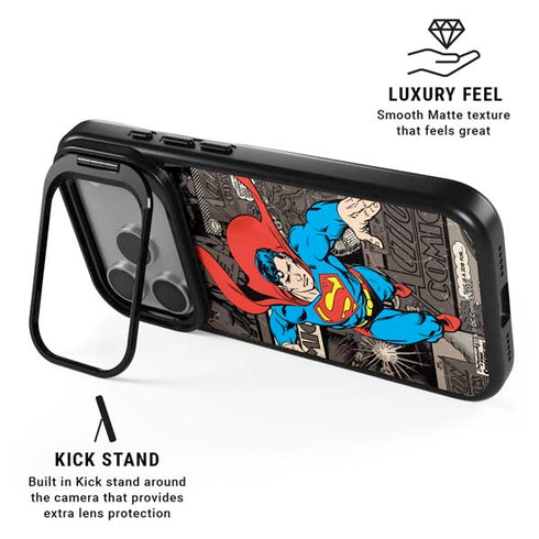 DC Comics Superman Vintage Action pose pattern iPhone 17 Pro Kickstand Case