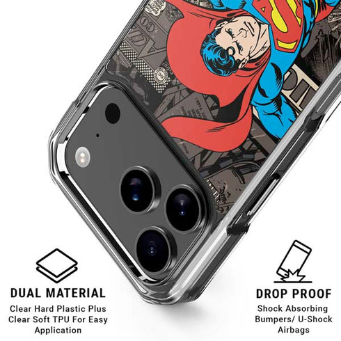 DC Comics Superman Vintage Action pose pattern iPhone 17 Pro Max Clear Case