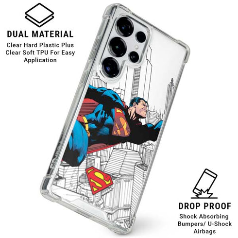 DC Comics Superman Super Speed Flying Over City Galaxy S25 Ultra Clear Case