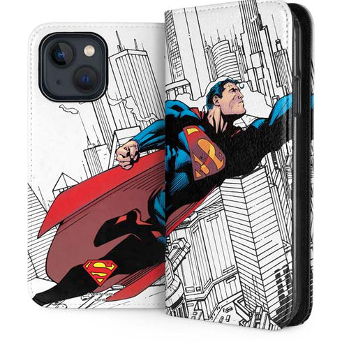 DC Comics Superman Super Speed Flying Over City iPhone 15 Plus Folio Case