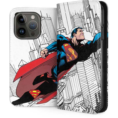 DC Comics Superman Super Speed Flying Over City iPhone 15 Pro Folio Case