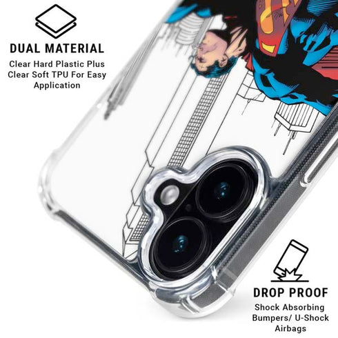 DC Comics Superman Super Speed Flying Over City iPhone 16 Plus Clear Case