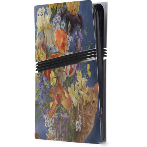 Tabby Cat with Flowers by Nene Thomas PS5 Pro Console Skin