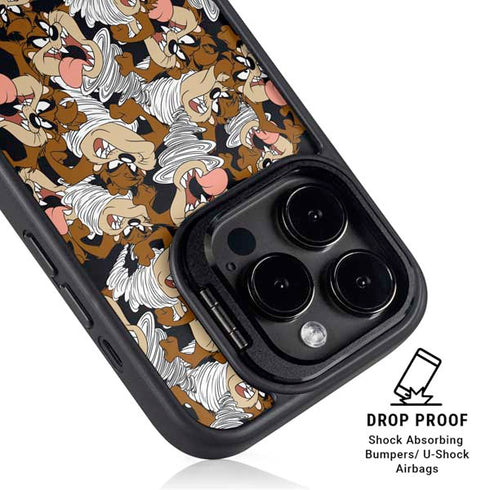 Looney Tunes Taz Super Sized Pattern iPhone 15 Pro Kickstand Case