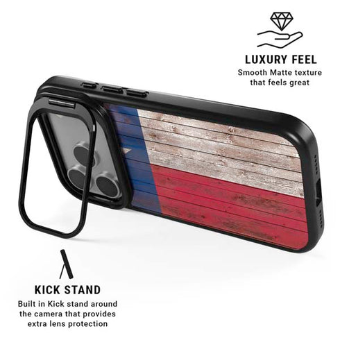 Texas Flag Dark Wood iPhone 17 Pro Kickstand Case