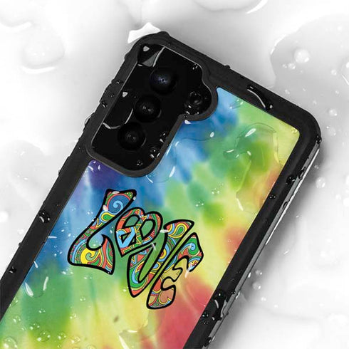 Liquid Blue Tie Dye Peace & Love Galaxy S24 Plus Waterproof Case