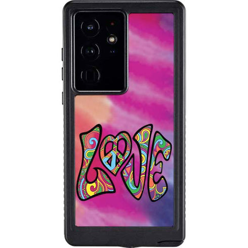 Liquid Blue Tie Dye Peace & Love Galaxy S24 Ultra Waterproof Case