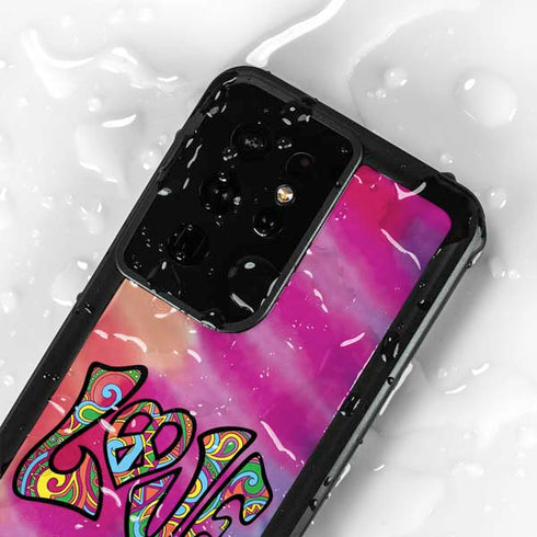 Liquid Blue Tie Dye Peace & Love Galaxy S24 Ultra Waterproof Case