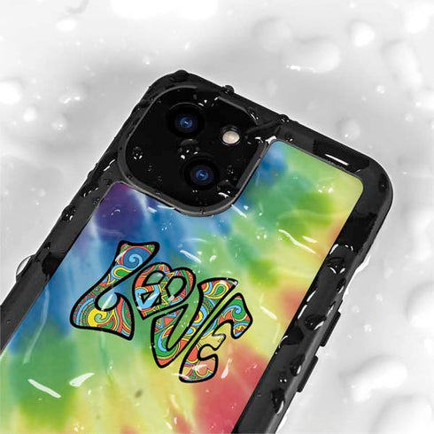 Liquid Blue Tie Dye Peace & Love iPhone 15 Plus Waterproof Case