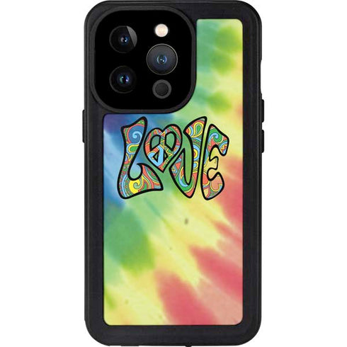 Liquid Blue Tie Dye Peace & Love iPhone 15 Pro Waterproof Case