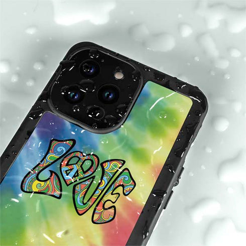 Liquid Blue Tie Dye Peace & Love iPhone 15 Pro Waterproof Case