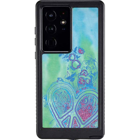Liquid Blue Tie Dye Peace Heart Galaxy S24 Ultra Waterproof Case