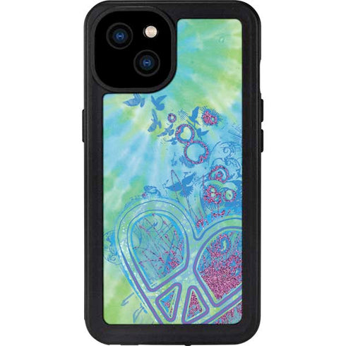 Liquid Blue Tie Dye Peace Heart iPhone 15 Plus Waterproof Case