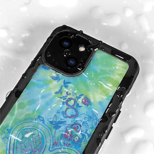 Liquid Blue Tie Dye Peace Heart iPhone 15 Plus Waterproof Case
