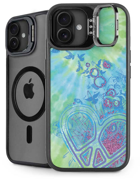 Liquid Blue Tie Dye Peace Heart iPhone 16 Plus Kickstand Case