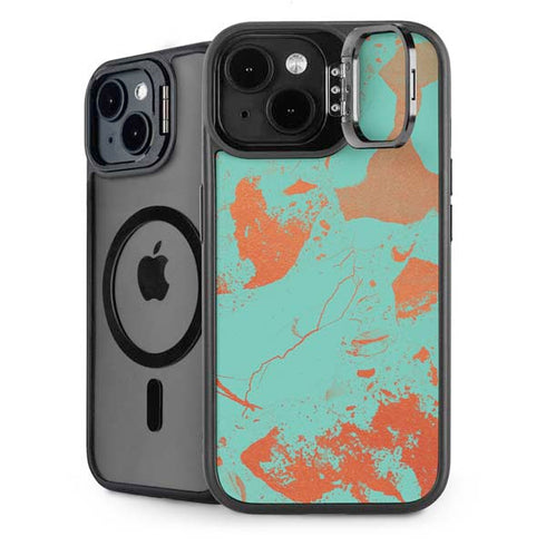 Turquoise and Orange Marble iPhone 15 Kickstand Case