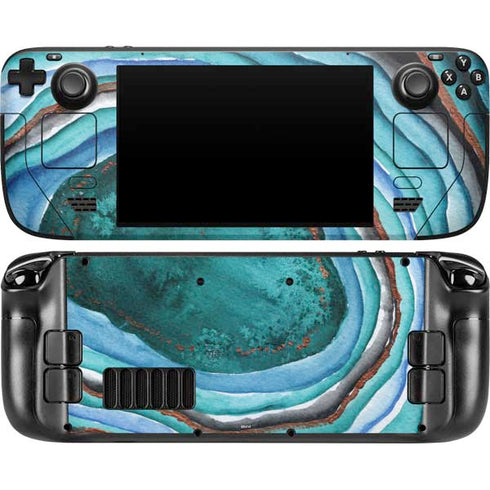Turquoise Watercolor Geode Steam Deck Handheld Gaming Computer OLED Skin