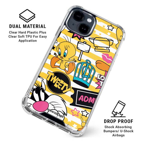 Looney Tunes Tweety and Sylvester Striped Patches iPhone 15 Clear Case
