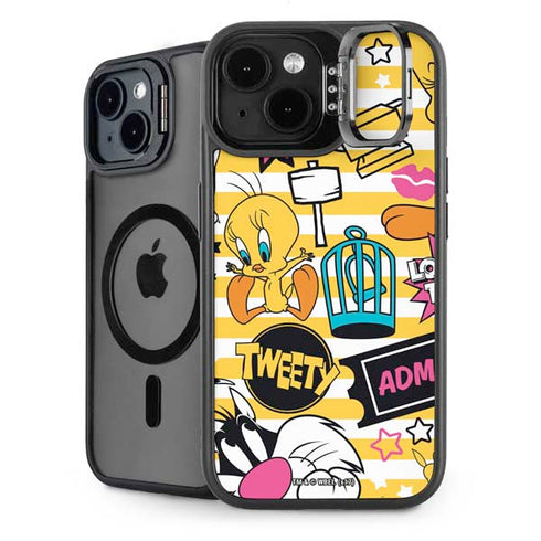 Looney Tunes Tweety and Sylvester Striped Patches iPhone 15 Plus Kickstand Case