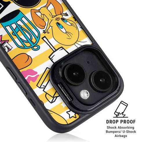 Looney Tunes Tweety and Sylvester Striped Patches iPhone 15 Plus Kickstand Case