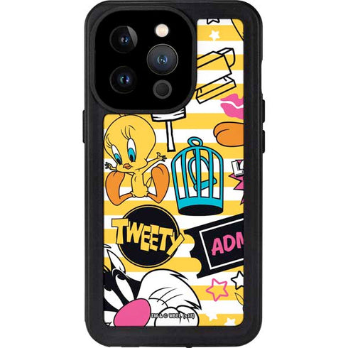 Looney Tunes Tweety and Sylvester Striped Patches iPhone 15 Pro Waterproof Case