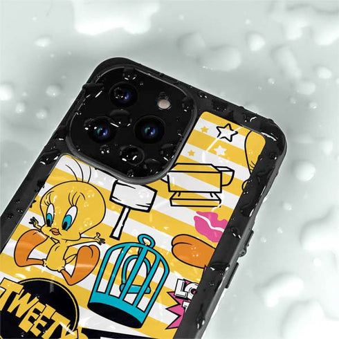 Looney Tunes Tweety and Sylvester Striped Patches iPhone 15 Pro Waterproof Case