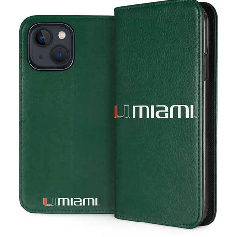 University of Miami Horizontal Mark on Green iPhone 15 Plus Folio Case