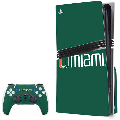 University of Miami Horizontal Mark on Green PS5 Pro Disk Bundle Skin