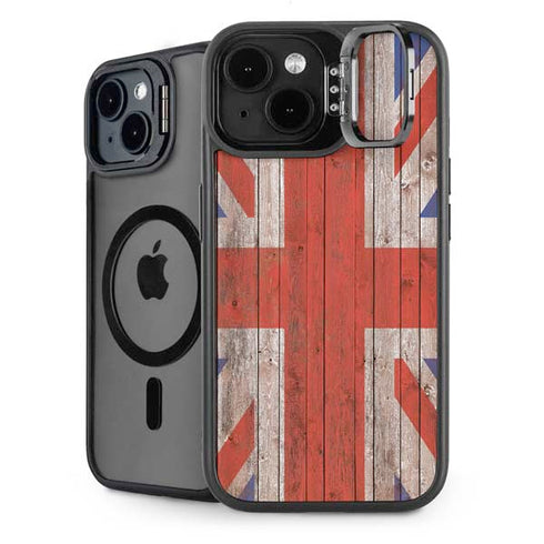 United Kingdom Flag Dark Wood iPhone 14 Kickstand Case