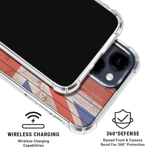United Kingdom Flag Dark Wood iPhone 15 Clear Case