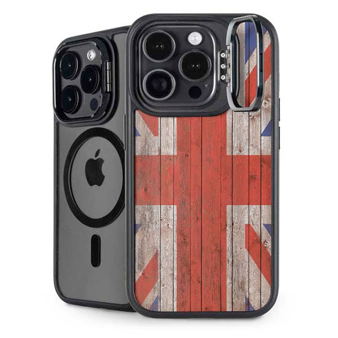 United Kingdom Flag Dark Wood iPhone 15 Pro Max Kickstand Case