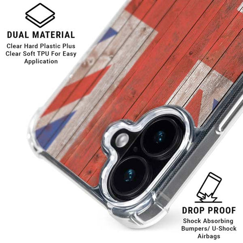 United Kingdom Flag Dark Wood iPhone 16 Plus Clear Case