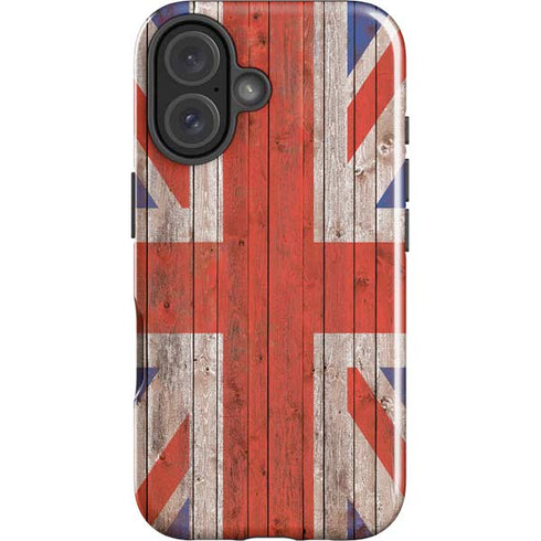 United Kingdom Flag Dark Wood iPhone 16 Plus Impact Case