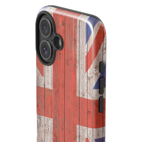 United Kingdom Flag Dark Wood iPhone 16 Plus Impact Case