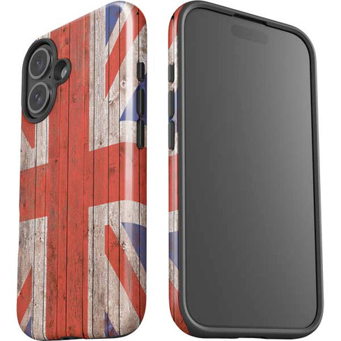 United Kingdom Flag Dark Wood iPhone 16 Plus Impact Case