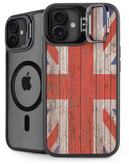 United Kingdom Flag Dark Wood iPhone 16 Plus Kickstand Case