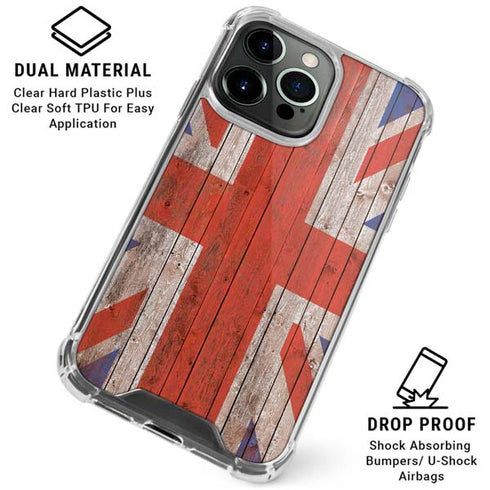United Kingdom Flag Dark Wood iPhone 16 Pro Max Clear Case