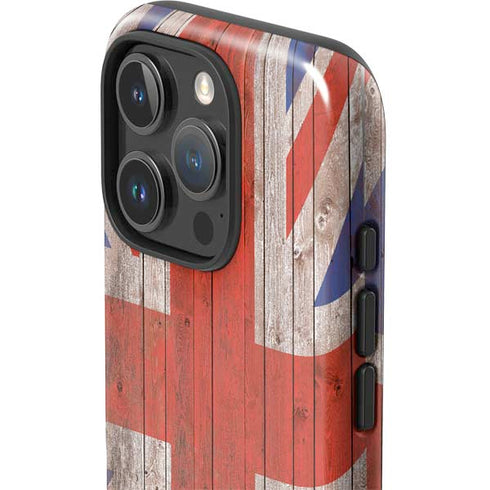 United Kingdom Flag Dark Wood iPhone 16 Pro Max Impact Case