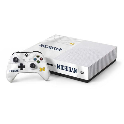 University of Michigan White Jersey Xbox One S Console and Controller Bundle Skin