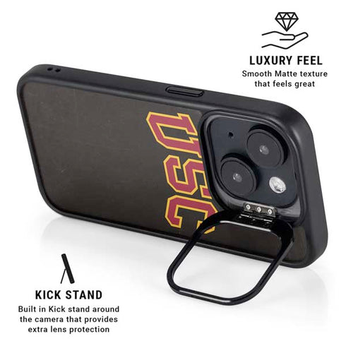 University of Southern California USC Logo Black Distressed iPhone 15 Plus Kickstand Case