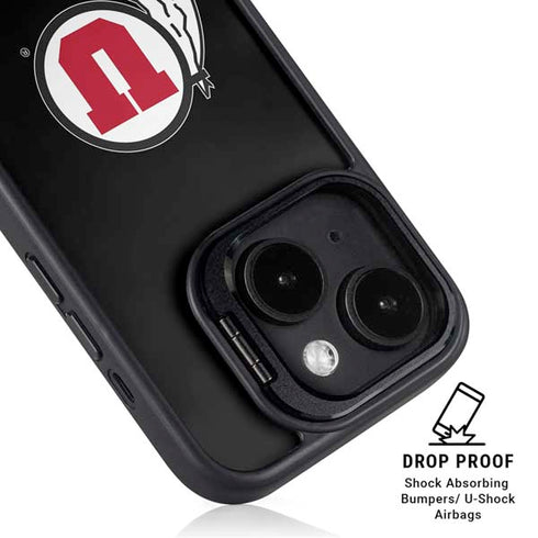 University of Utah Circle and Feather on Black iPhone 15 Kickstand Case