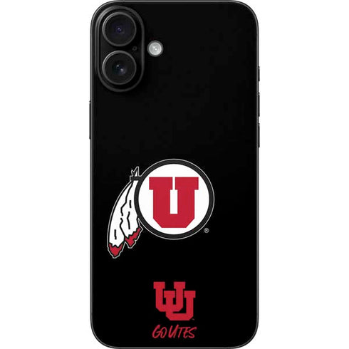 University of Utah Circle and Feather on Black iPhone 16 Plus Skin