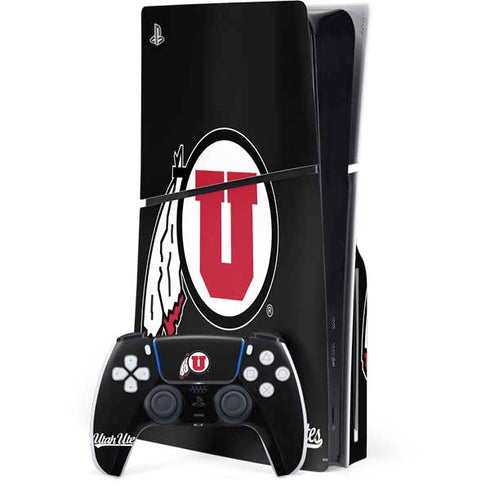 University of Utah Circle and Feather on Black PS5 Slim Disk Bundle Skin