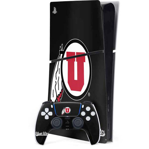 University of Utah Circle and Feather on Black PS5 Slim Digital Edition Bundle Skin