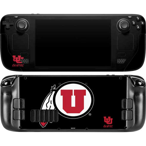University of Utah Circle and Feather on Black Steam Deck Handheld Gaming Computer OLED Skin
