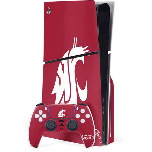 Washington State University Cougars Logo PS5 Slim Disk Bundle Skin