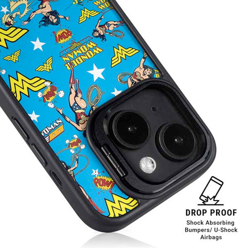 DC Comics Wonder Woman Action pose pattern iPhone 15 Plus Kickstand Case