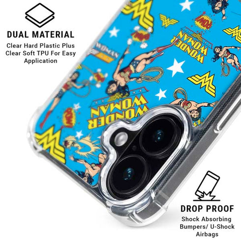 DC Comics Wonder Woman Action pose pattern iPhone 16 Plus Clear Case